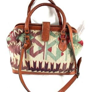 Vintage Multicolor Wool Brown Leather Ethnic Pattern Satchel Shoulder